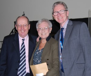 Carole Rickard, who has completed 40 years’ service, is thanked by (left) LCHS chairman Dr Don White and chief executive Andrew Morgan. Photo supplied 