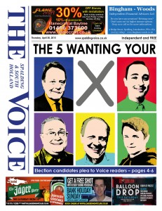 ‘Award’: The Voice front page on April 30 featured the five South Holland and The Deepings MP candidates.