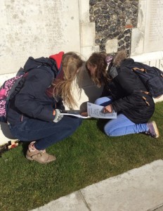 The girls at Tyne Cott memorial where they found Pte Hilliam’s name.