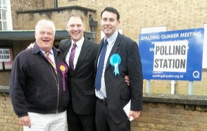 Getting together at a polling station in Westlode Street, Spalding, are (from left) Pete Williams – who became the first UKIP member elected to South Holland District Council – and Spalding Castle candidates Mark Le Sage (Independent) and Gary Taylor (Conservative), who retained the seat.