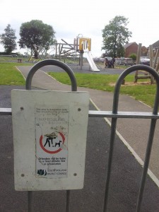 One of the signs at Monkhouse Play Area in Spalding. It reads: “No fouling. Clean up after your dog.” Ward district councillor Angela Newton wants play area signs to say “no dogs”.