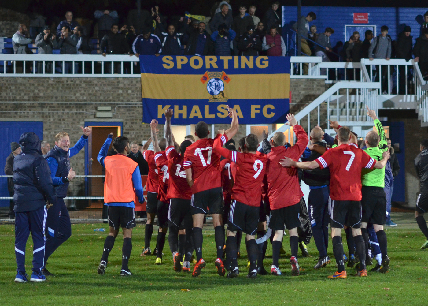 NOT SO SWEET FA: Sporting Khalsa celebrate their famous win at Spalding. Photo by JAKE WHITELEY