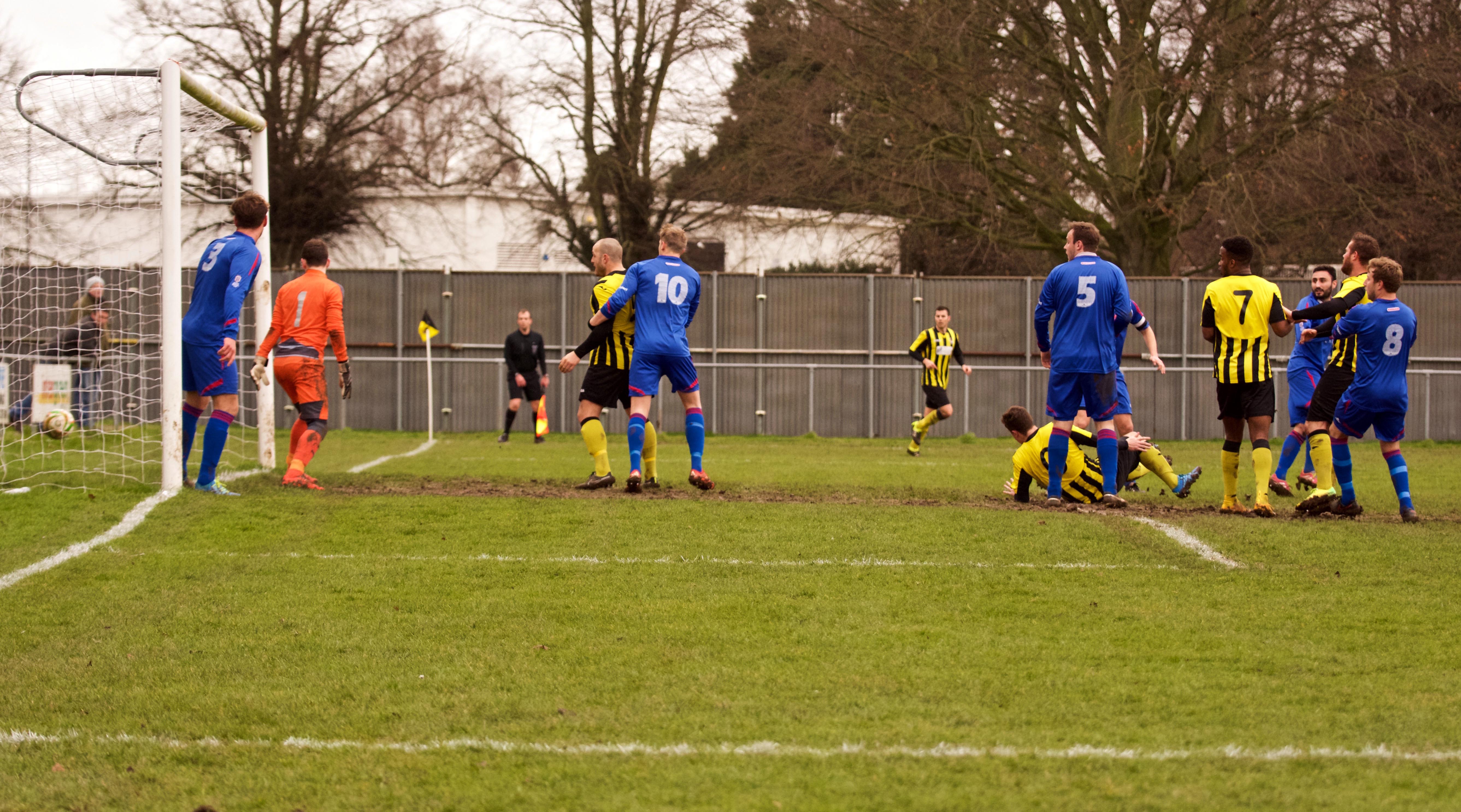 3-0: Stacy Catrwight (on the floor) nets Holbeach's third. Photo by STEVE RELF