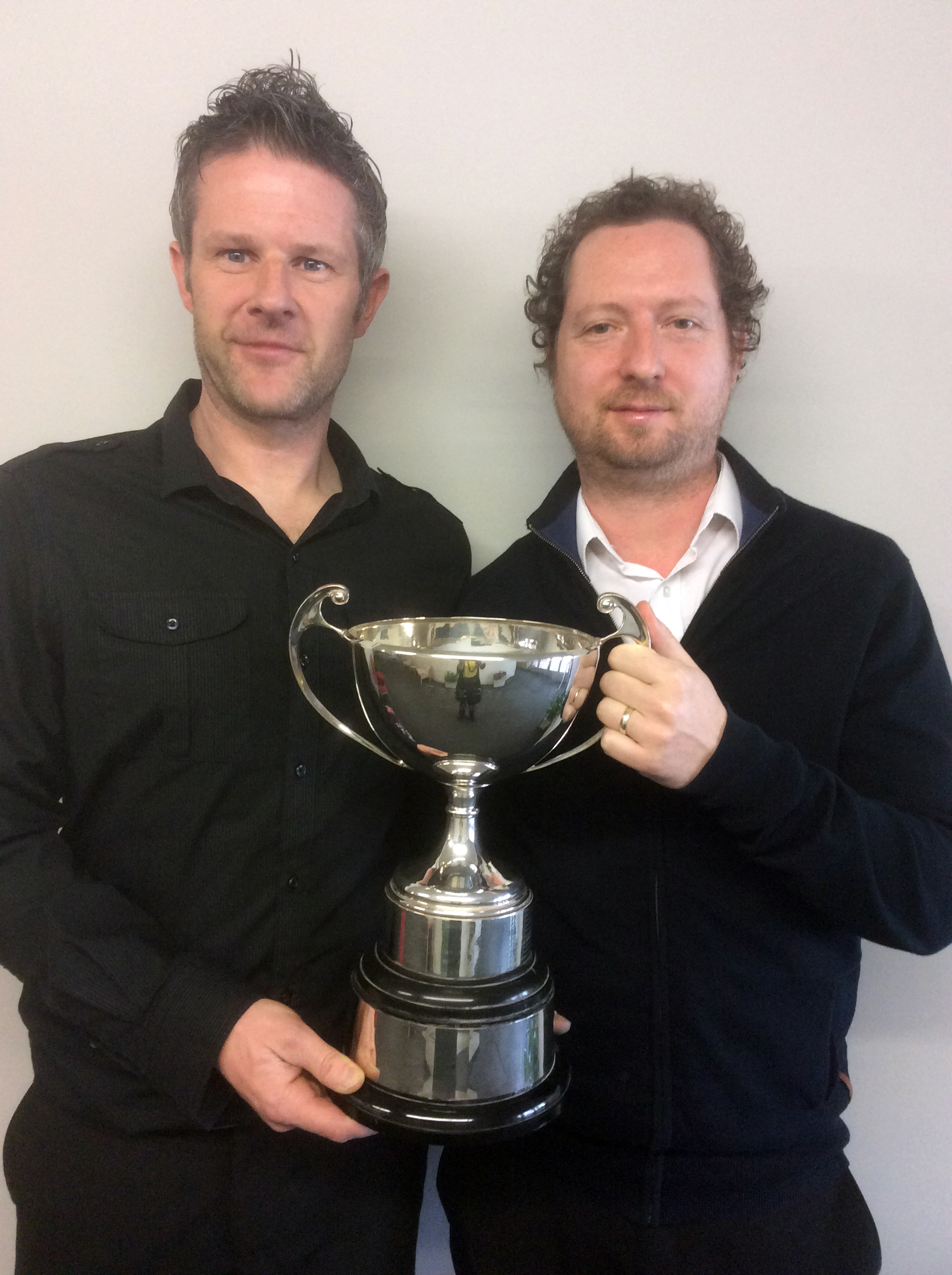 HAT-TRICK: Bourne SC duo Mark Gray (left) and Mike Byrne won the Snooker Pairs for a third year in a row.
