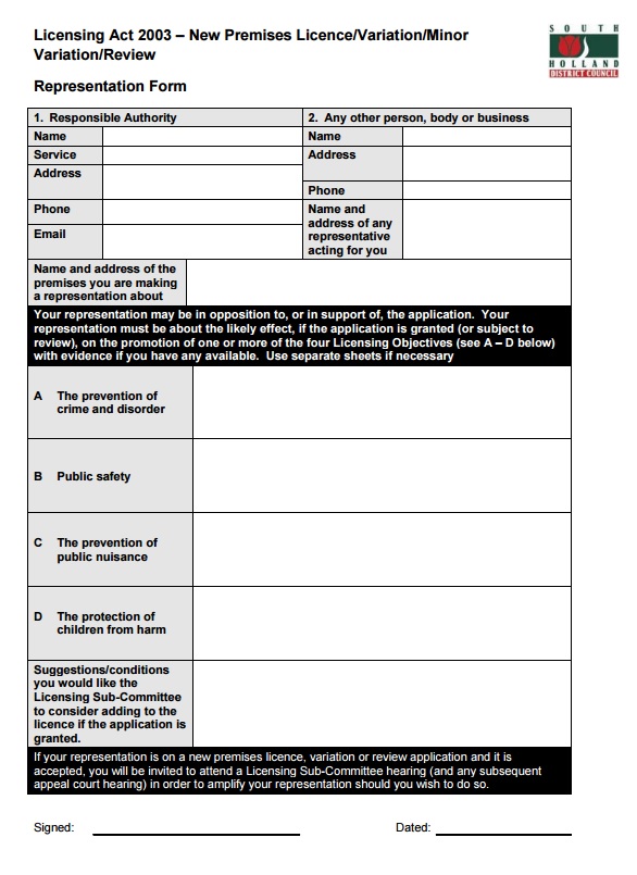 premises licence representation form