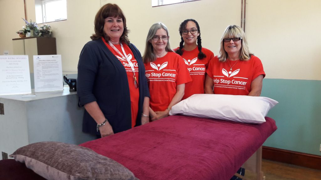 Free Reiki is one of the things on offer from the Help Stop Cancer team: From left – Julie Ewing, Sue Holdsworth, Ella Berry and Christine Bowyer-Sopp.